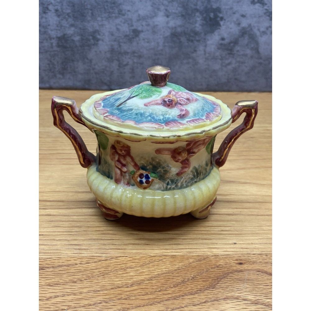 vintage sugar bowl footed majolic‎ compote cherubs Japan lidded